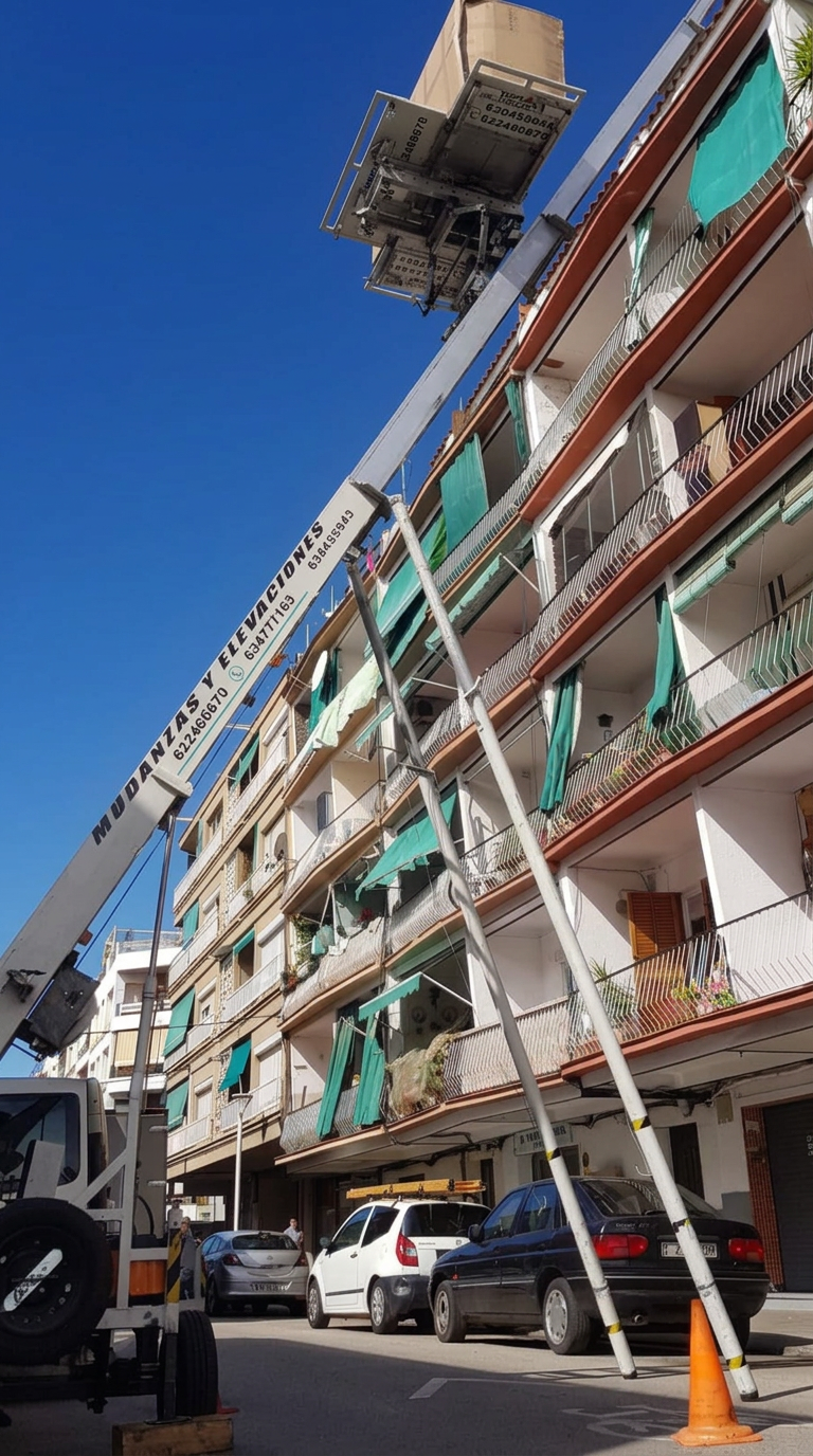 Elevador de mudanzas subiendo un mueble embalado hasta un piso alto